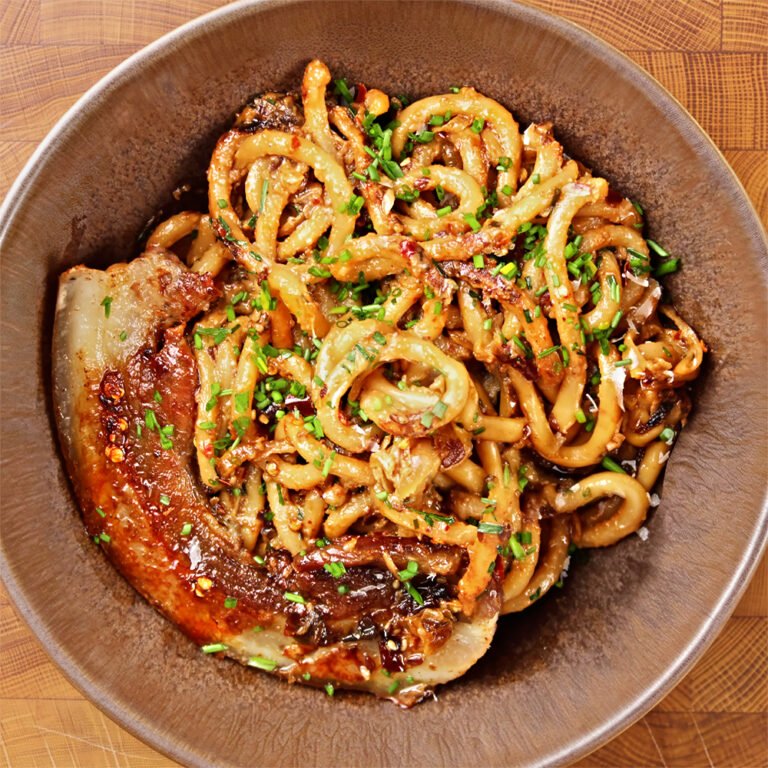 Chili Oil Garlic Butter Noodles with Crispy Pork Belly Recipe